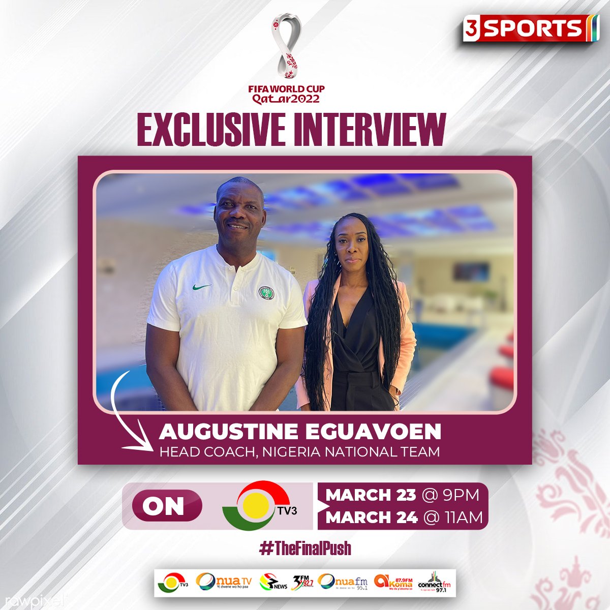3SportsGh's tweet photo. As part of our build up to #TheFinalPush, @julietbawuah sat down with Nigeria 🇳🇬 coach, @coacheguavoen

We've got all the answers you've been looking for concerning the Ghana 🇬🇭 v Nigeria 🇳🇬 WCQ play-off.

Tune in to @tv3_ghana tonight at 9pm and tomorrow at 11am.

#3Sports https://t.co/NEgXB3gkkR