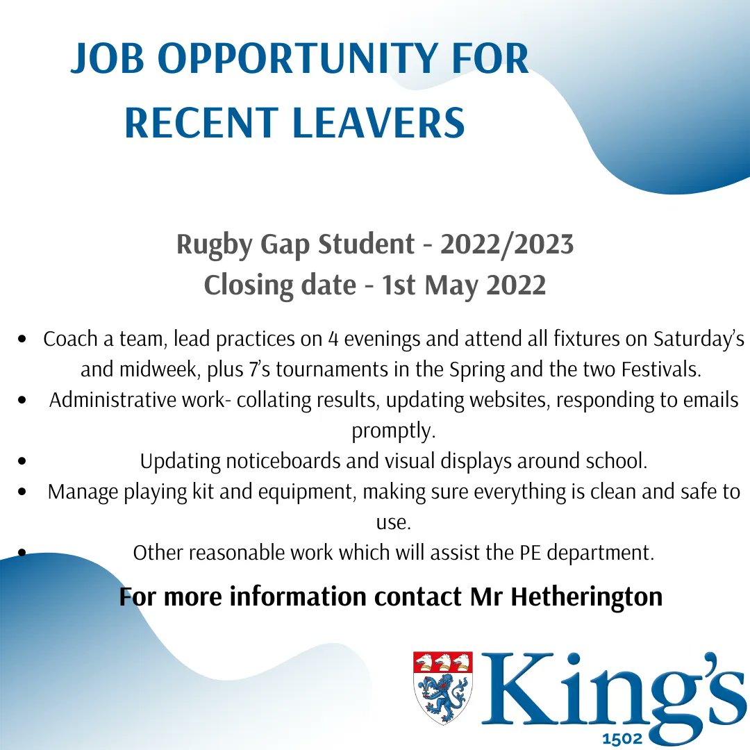 kingsmac's tweet photo. Did you leave King's in the last 5 years?  Are you looking for something to fill a gap year?  We are recruiting for a Rugby Gap Year Student for a paid part-time role.  If you are interested please contact Mr. Hetherington at giles.hetherington@kingsmac.co.uk for more information https://t.co/D13cVhneqS