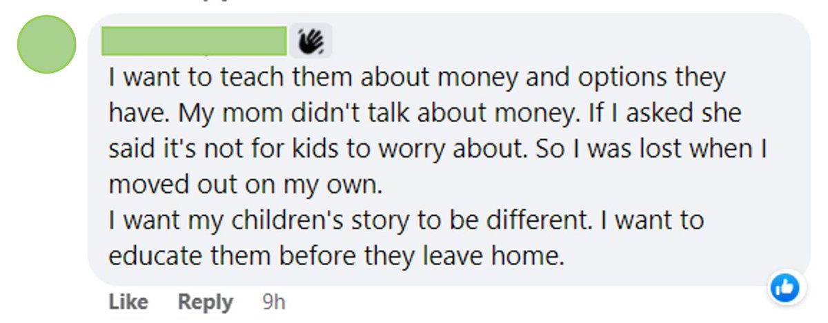 In the Mamas Talk Money event community we're talking about what lessons attendees want to teach their kids. There are so many incredible answers but this comment jumped out to me - it's our job to prepare our kids for adulthood, and that includes talking about money!