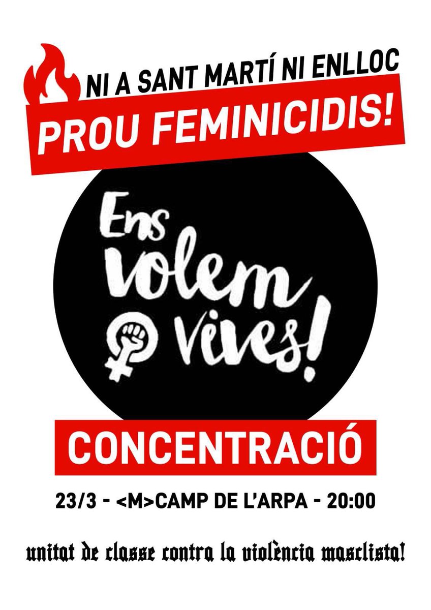 💥Ahir, una dona va ser assassinada a mans del seu marit, un feminicidi que eviedencia la violència estructural que vivim diàriament

A les 20h, tothom al Metro de Camp de l'Arpa

⚡Unitat de classe contra la violència masclista
