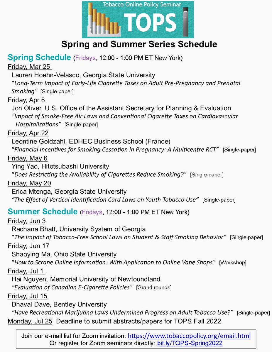 📢The Spring/Summer 2022 schedule of online #tobacco policy research seminar is here 📢

tobaccopolicy.org/schedule.html