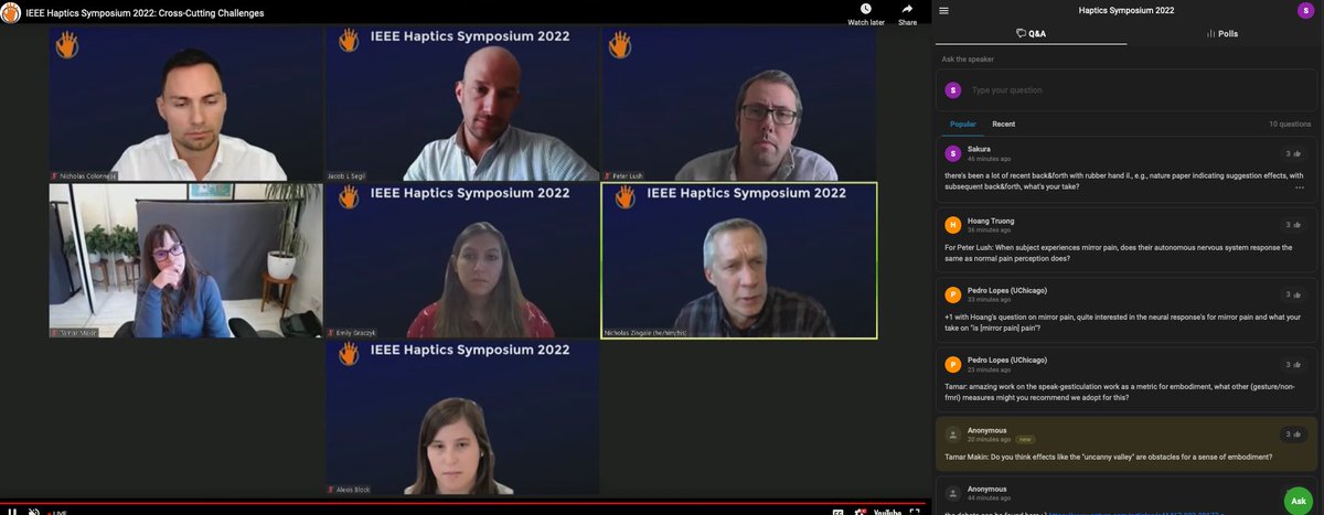 LIVE: 2022.hapticssymposium.org
First panel happening  and it is fascinating (rubber hands, suggestions, prosthetics, AR/VR, nerve stim and more), after this, stick around since we will move to our 2nd CCC "Integrating Wearable Haptic Interfaces with Real-World Touch Interactions"