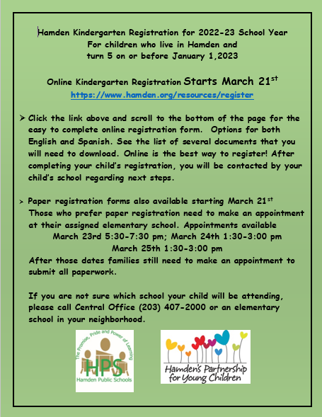 HamdenKids's tweet photo. Hamden Kindergarten online registration available now at https://t.co/Cd80frtmfq 
Paper registration forms also available.  Appointments needed at your neighborhood school to submit paperwork https://t.co/YjRD9u1FQR