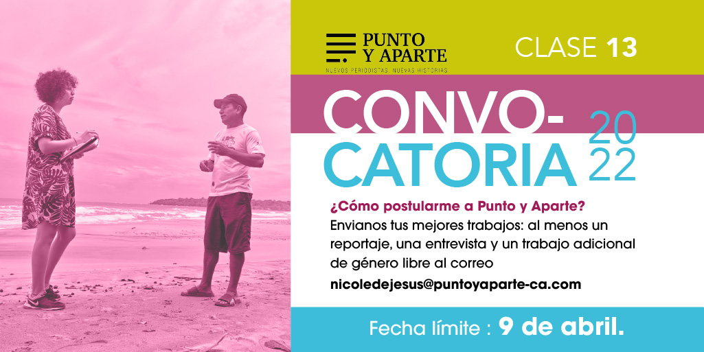 PuntoyAparte_1's tweet photo. HOY se cierra la convocatoria a Clase 13 de Punto y Aparte. Para participar, tenés que ser un estudiante activo de periodismo y enviar tus mejores trabajos al correo nicoledejesus@puntoyaparte-ca.com

#periodismo #Clase13 https://t.co/GjBD2AhdrL