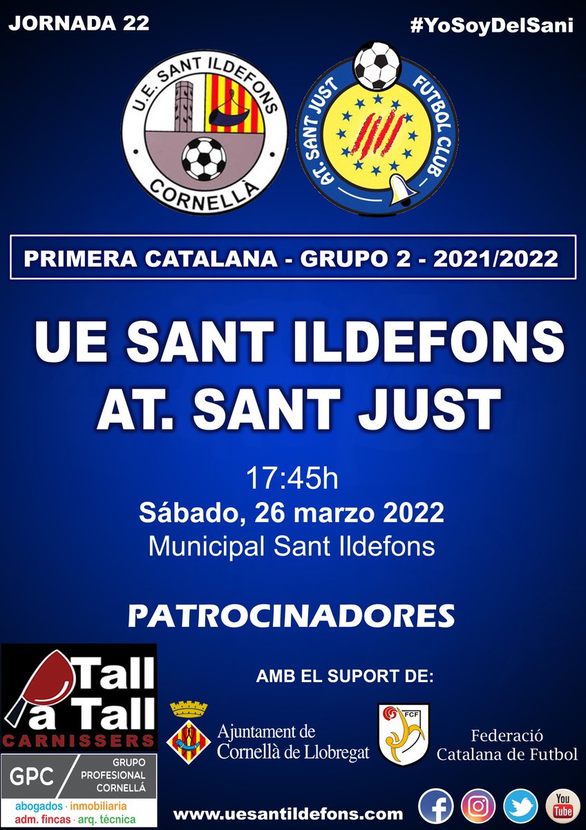 ⚽️ ¡NUEVAMENTE 𝗘𝗡 𝗖𝗔𝗦𝗔, NUEVAMENTE CON LA 𝗠Á𝗫𝗜𝗠𝗔 𝗜𝗟𝗨𝗦𝗜Ó𝗡! 👊🏻

🔥 ¡Objetivo: <a href="/AtleticSantJust/">Atlètic Sant Just FC</a>! 🎯

⏰ Y atención porque hay cambio de horario ➡️ 17:45h

👉🏻 P R E C I O S 👈🏻 

🔵 Carné de socio: Gratis 
🔵 Entrada: 5€ 

#SaniAtSantJust #1cat2
#YoSoyDelSani 💙