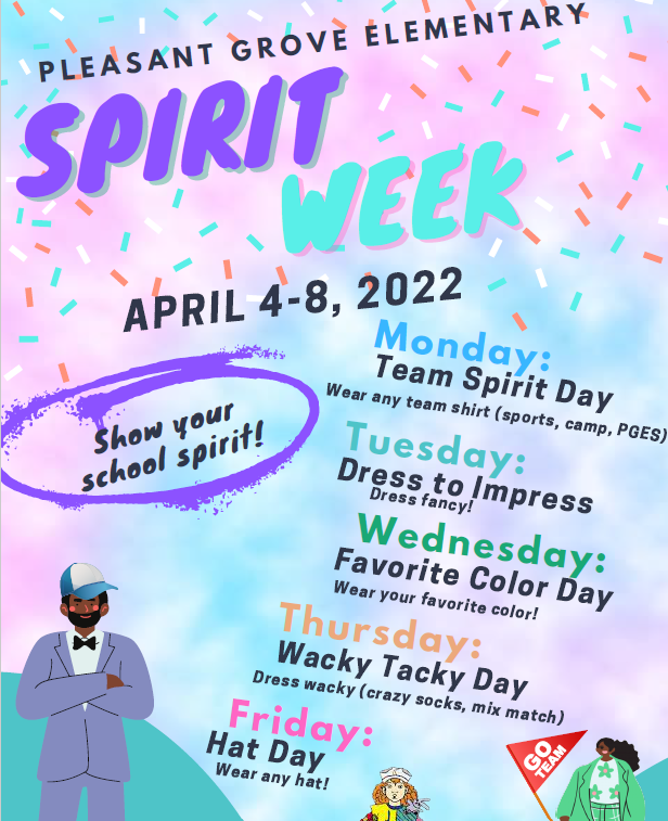 pgesflyers's tweet photo. April 4 - 8 is Spirit Week at Pleasant Grove! https://t.co/UuJac3JsGC