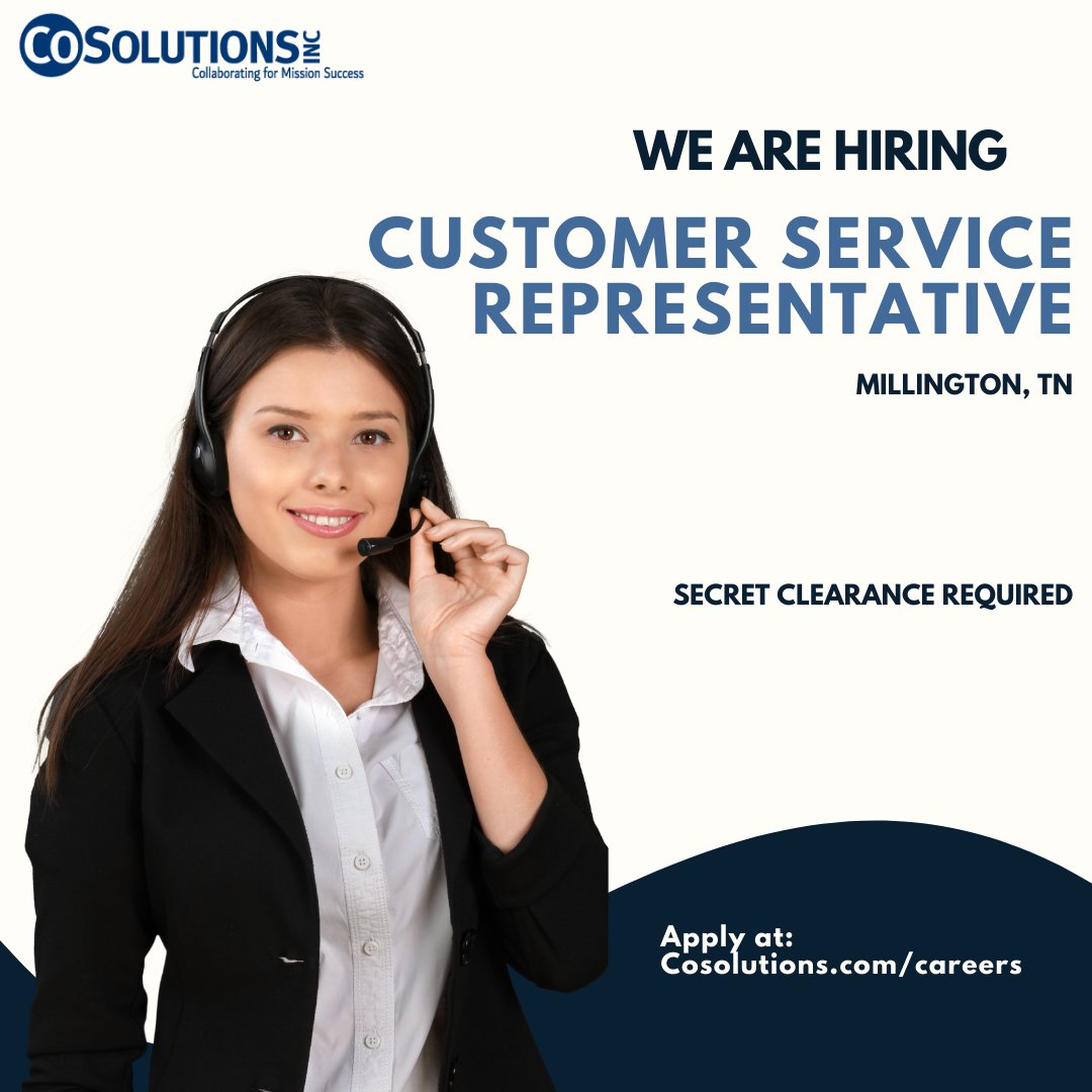 CoSolutionsInc's tweet photo. We're looking for a candidate with a Customer Service background and active secret clearance to join our team in Millington, TN!
Apply at:
https://t.co/QXXJnyVaiz 
#jobopening #hiring #customerservice #customerservicejob #secretclearance #governmentcontracting https://t.co/aQtAuV8lBX