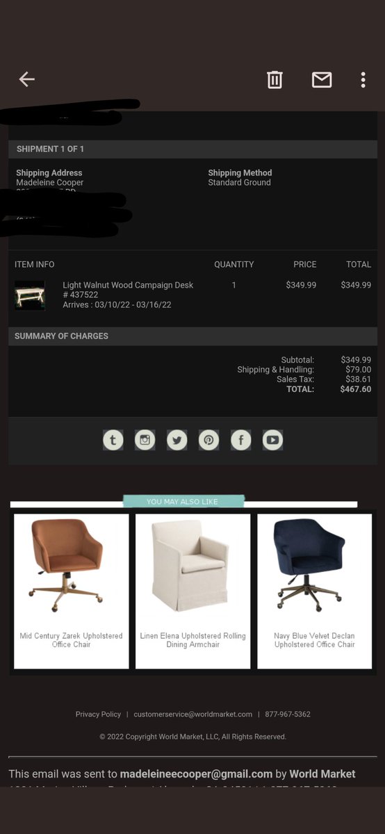 memmajean's tweet photo. Proof of cost and delivery estimate @worldmarket #dobetter https://t.co/gi5xUTBuvi