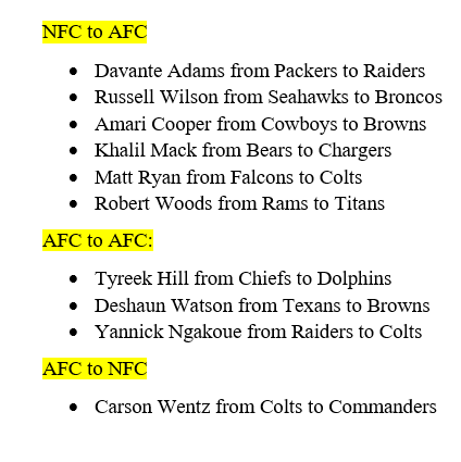 Power shift: Every single big trade this offseason has involved the top player moving from an AFC team to another AFC team or from an NFC team to an AFC team.

The only trade involving a player going from AFC to NFC is Carson Wentz going from Indy to Washington.