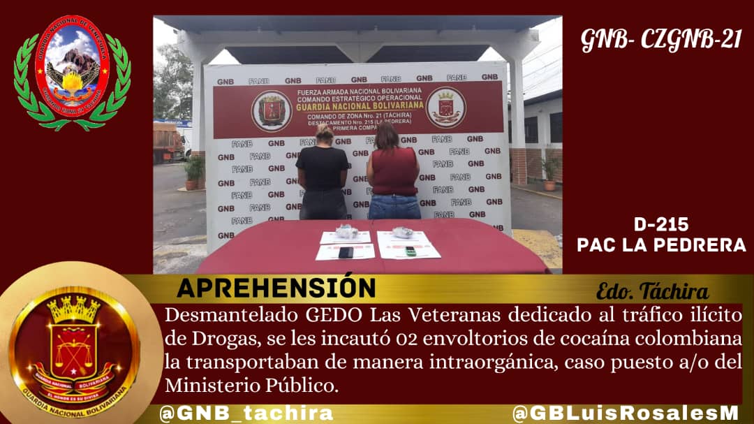 GNB_tachira's tweet photo. ¡CONTUNDENTES CONTRA EL NARCOTRAFICO!👊🏼EN EL PAC La Pedrera desmantelan GEDO Las Veteranas, quiénes transportaban de manera intraorgánica 02 envoltorios de cocaína colombiana (383 Gsr). 2 cddnas. A/O del  M.P #23Mar #VenezuelaTierraFértil #PuebloInvencible #FANB 
#GNB Tachira https://t.co/MwQ0KoGa6I