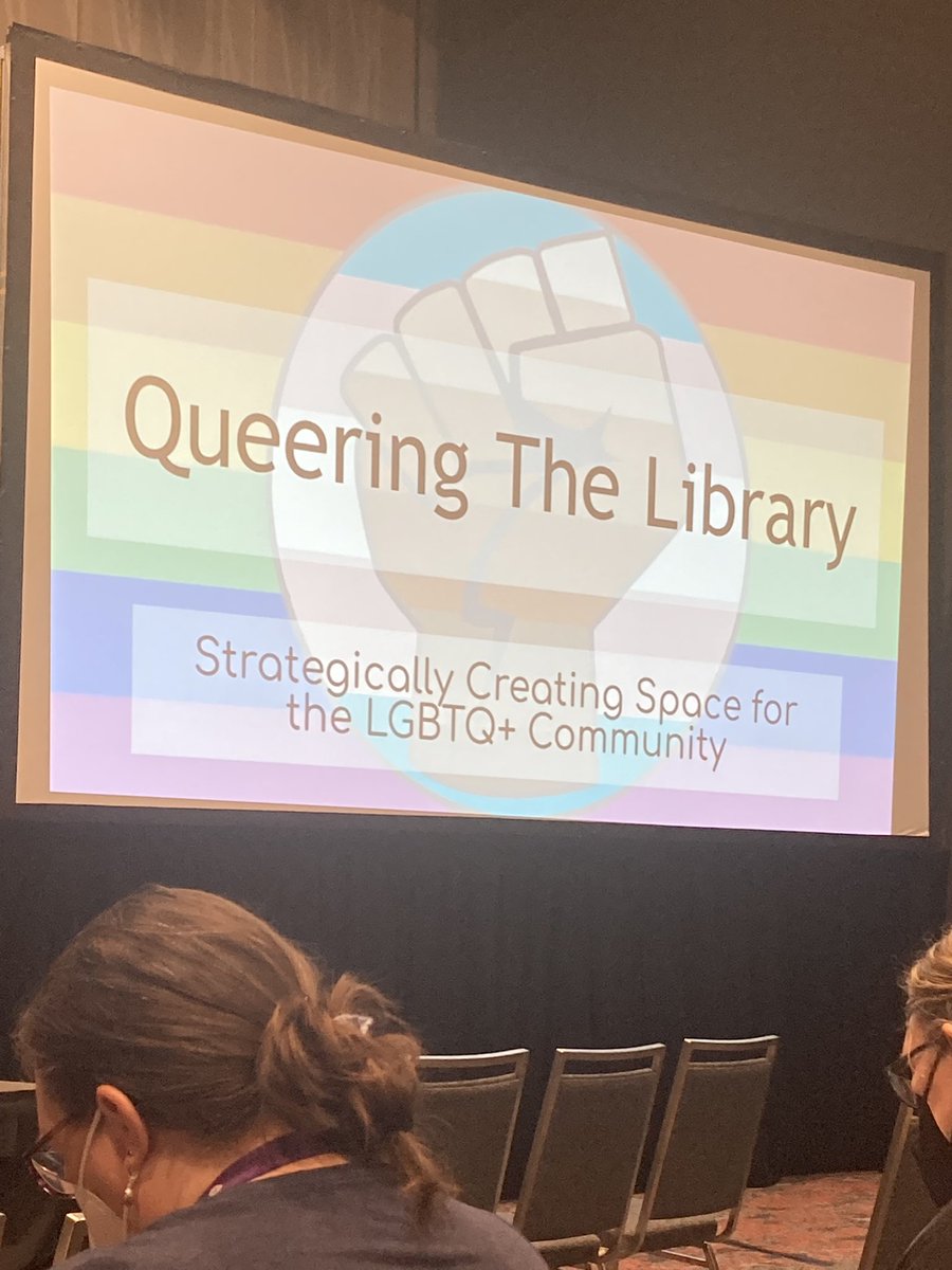 GeometricRabbit's tweet photo. Feeling some good feels already at #QueeringTheLibrary. I’ve used/observed pronouns but never orientation and identity graphically shared in bio lines. This example inspires me to do so. Loving this!💜🖤🤍 #PLA2022 #inclusion https://t.co/PMipzC3otn