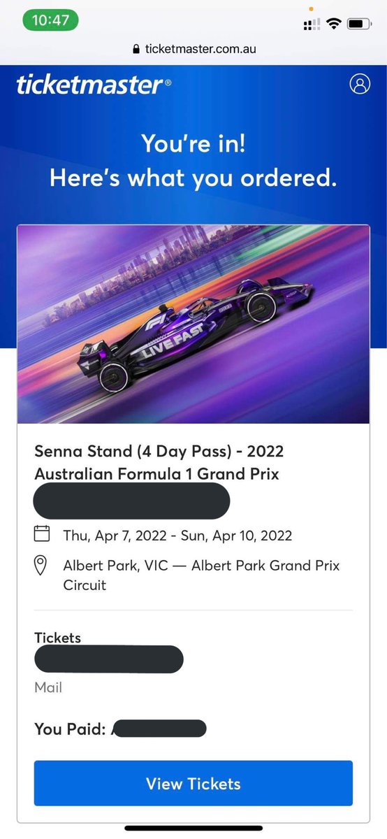 Hello! Selling me and my sisters’ Formula 1 AUS GP Tickets (3)!! We weren’t able to get our Australian Visa on time so we’re selling them! The Ticketmaster resale platform isn’t working either! Please help us out. 💖 DM if interested they’re Senna Grandstand tix TH-SUN #f1
