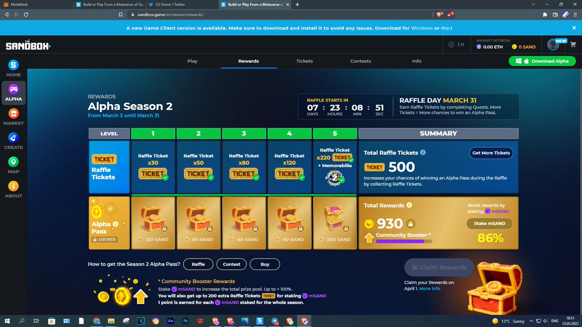 trezer21's tweet photo. @TheSandboxGame I just participated in the daily #SandboxAlphaS2Contest for a chance to earn up to 1,000 $SAND! Starting March 22 - Ticket Day. Check out my screenshot below!
👇 #SandboxAlphaS2 My tickets more! https://t.co/0qjToPyozq