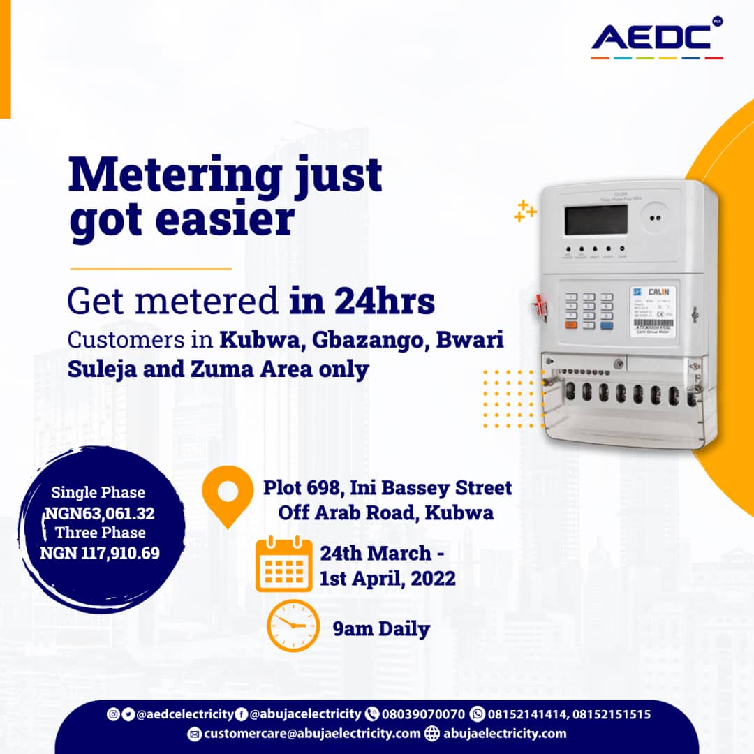 aedcelectricity's tweet photo. The AEDC Mobile MAP Scheme is back!
Don't miss out on this opportunity to get metered in 24 hours.
#AEDC #Abujadisco #Getmeteredwithmap #MobileMap https://t.co/9dNwS3YW1W
