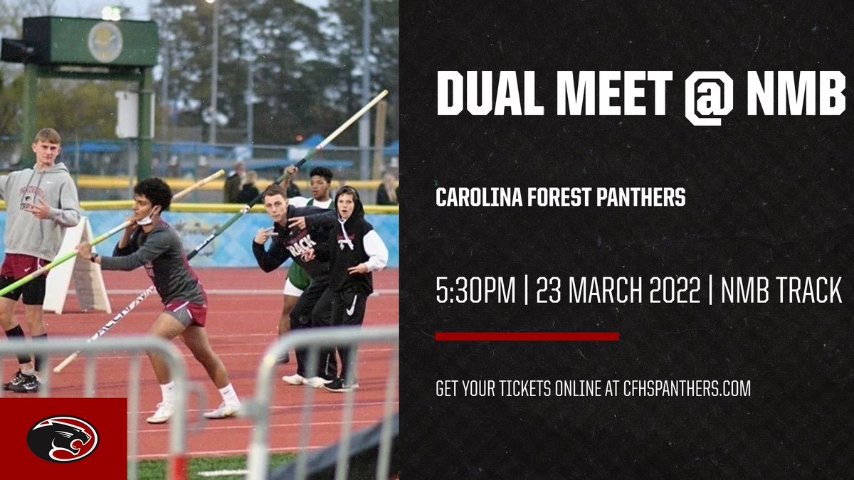 cfhspanthers's tweet photo. IT'S MEET DAY, PANTHERS! Our Panthers are headed to NMBHS to compete in the DUAL Meet hosted by the North Myrtle Beach Track & Field team at 5:30pm.
Get your tickets at https://t.co/2aSkavWIM4
#GOPANTHERS #CFHSPanthers #CFHSAthletics https://t.co/6NV7S2OI1g