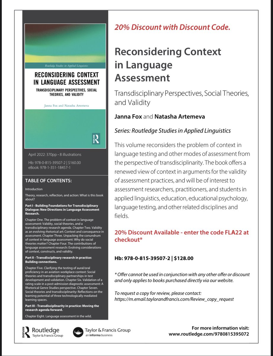 Reconsidering context in language assessment…coming soon! Great work by Dr. Janna Fox and Dr. Natasha Artameva <a href="/Carleton_U/">Carleton University</a> <a href="/ALDSCarleton/">ALDS Carleton</a>