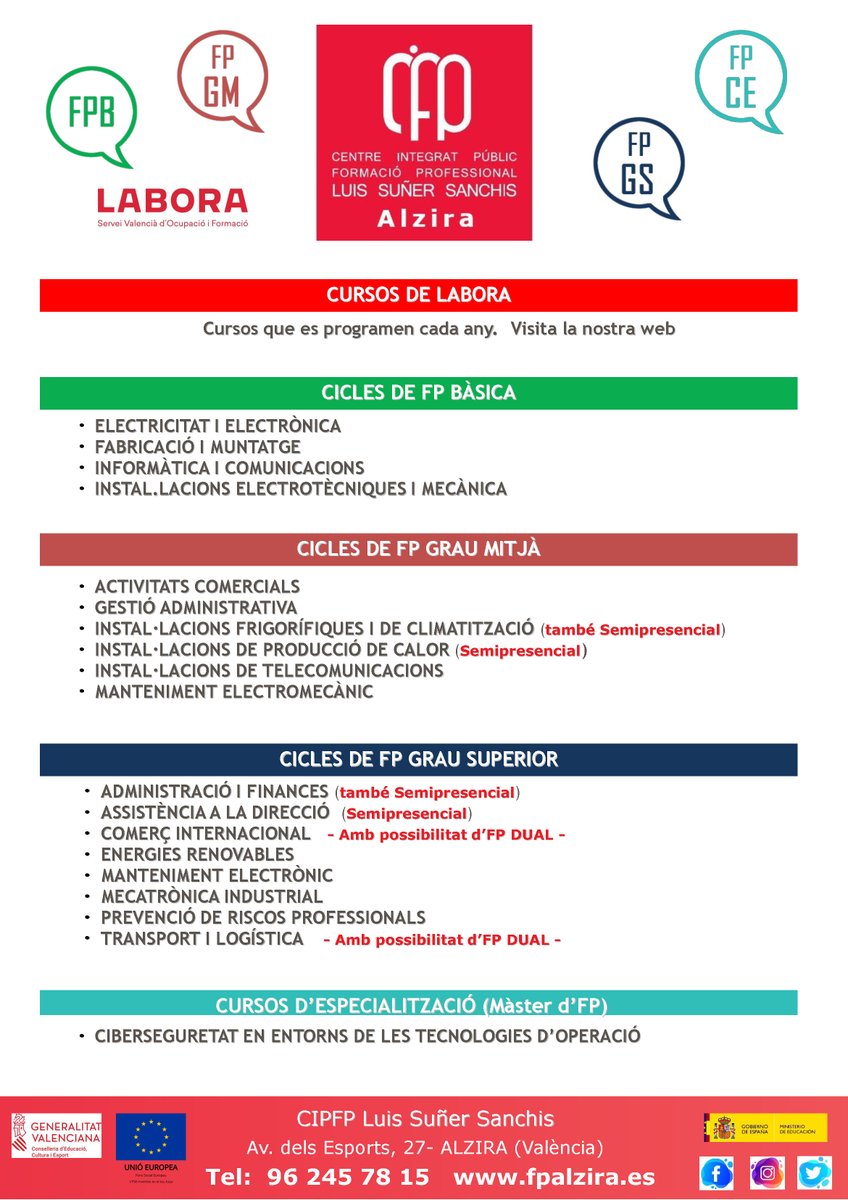 T’agradaria estudiar amb nosaltres el proper curs???? 

Mira tot el que oferim en el nostre Centre Integrat Públic de Formació Professional de referencia de la Ribera.

Mecatrònica, Ciberseguretat, Energies Renovables, Electrònica, Teleco... i molt més en fpalzira.es
