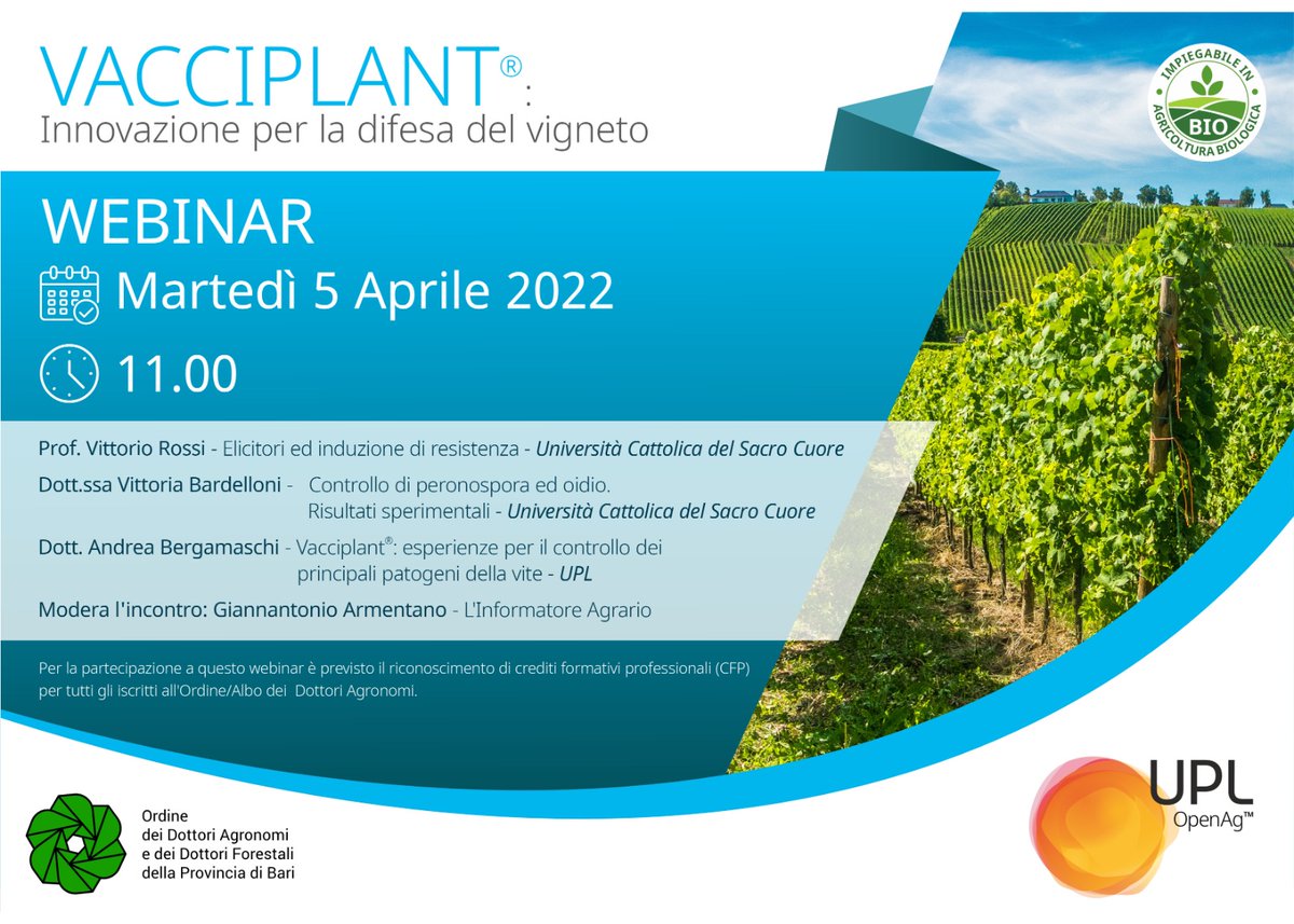 UPL_Italia's tweet photo. Webinar UPL - Martedì 5 Aprile ore 11.00 - Vacciplant: Innovazione per la difesa del vigneto
Clicca qui per registrarti--> https://t.co/LUgWUVyeJN
#NPP #OpenAg #Openinnovation #vite https://t.co/eS0rxzO4L7