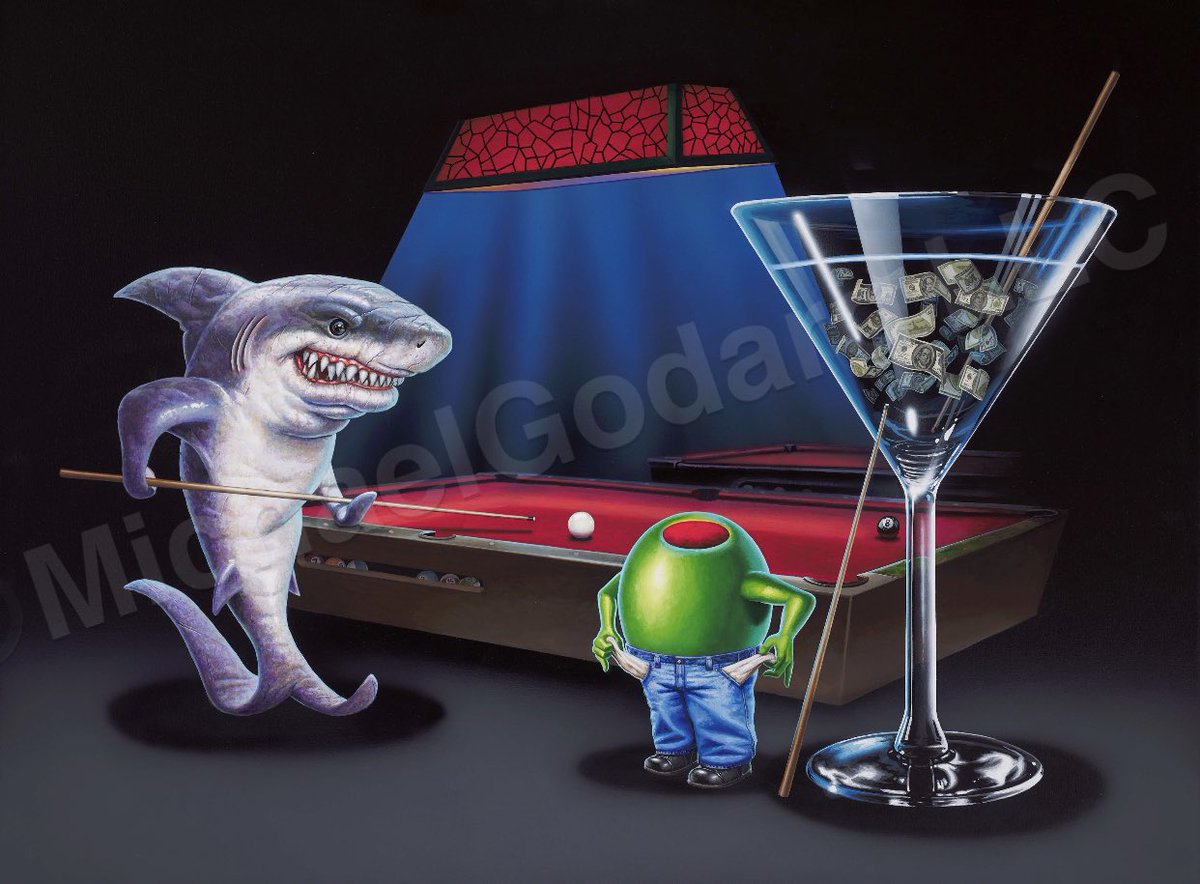 OfficialGodard's tweet photo. “Pool Shark” #painting finished!! The funnest part was creating that crazy #shark. This Olive should have known better. The martini glass is full of the $$ he’s taken from other victims!
#godard #art #oliveguy #martiniart #paint #barart #billiards #poolshark #8ball #poollounge https://t.co/pMEOT9XcK6