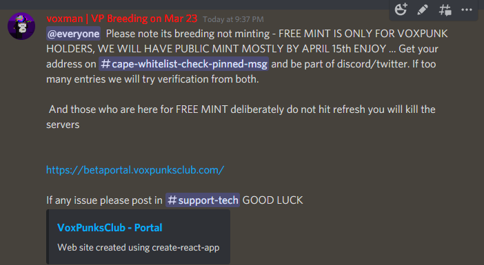 📢BREEDING LINK IS HERE 

betaportal.voxpunksclub.com
Pls note its breeding not minting - FREE MINT IS ONLY FOR VOXPUNK HOLDERS, WE WILL'VE PUBLIC MINT MOSTLY BY APRIL 15th ENJOY

Watch the video if you need to see how to breed your VOXPUNKS youtu.be/2d3zteUFBus

#NFT #NFTLaunch