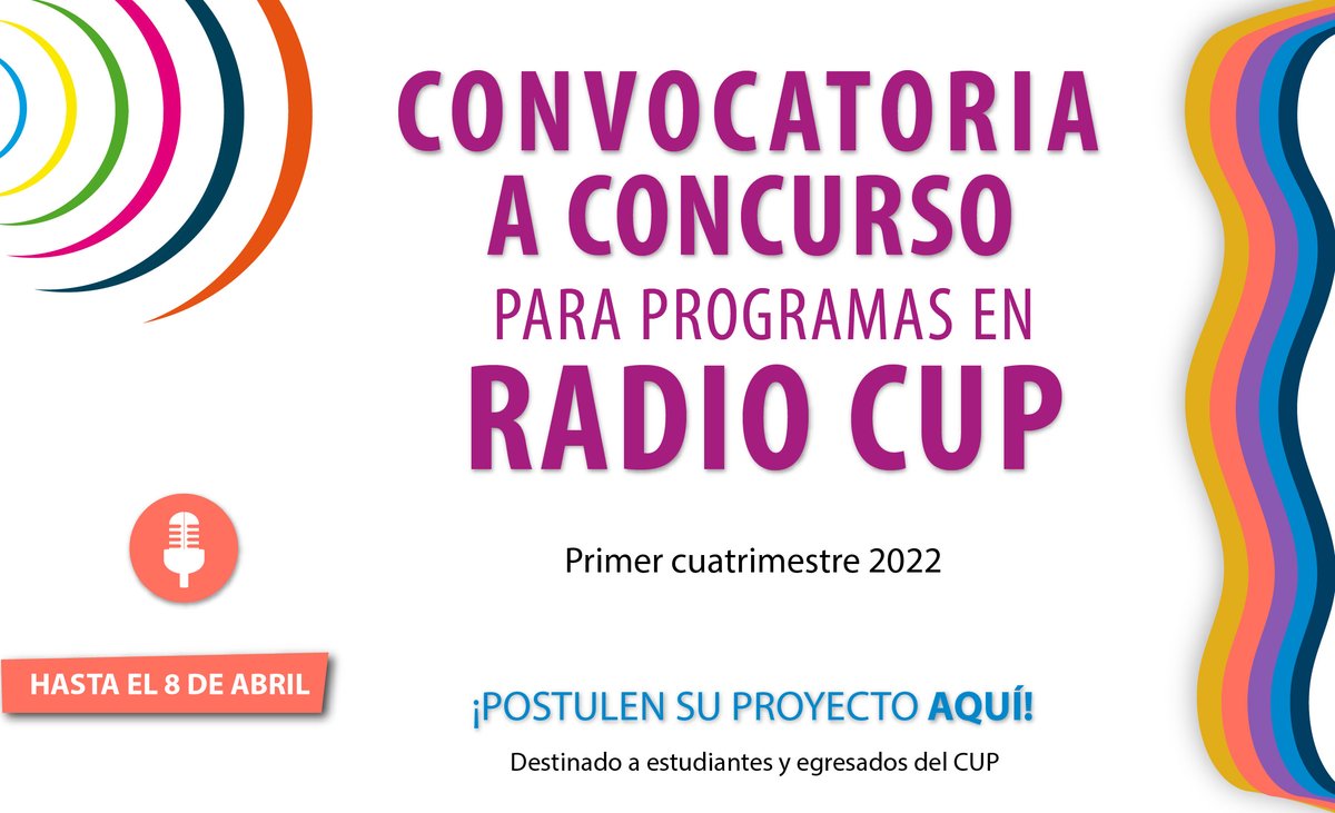 RadioCUPeduar's tweet photo. 🎙 El CUP MediaLab convoca a estudiantes, egresados y egresadas del CUP, a participar del Concurso para programas en Radio CUP del primer semestre de 2022.
✨ ¡Postulate!
💻 Más información en https://t.co/K3SDcWjWZg https://t.co/9MUtXT6zrC