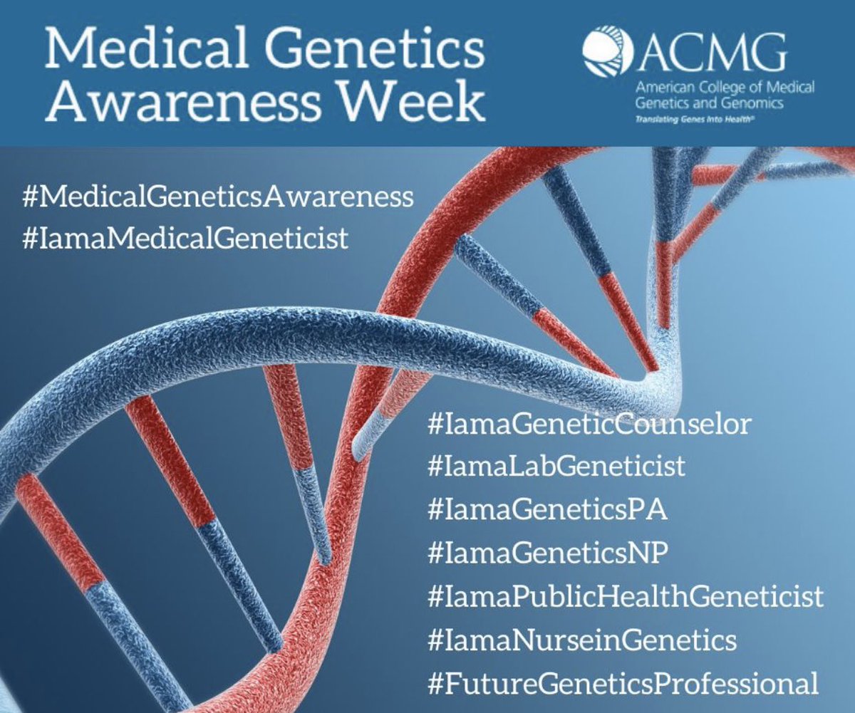 #IamaMedicalGeneticist
#MedicalGenetics 

The goal of Medical Genetics Awareness Week, is to raise awareness of the invaluable contributions that medical genetics healthcare professionals make in the diagnosis, management and prevention of genetic diseases.