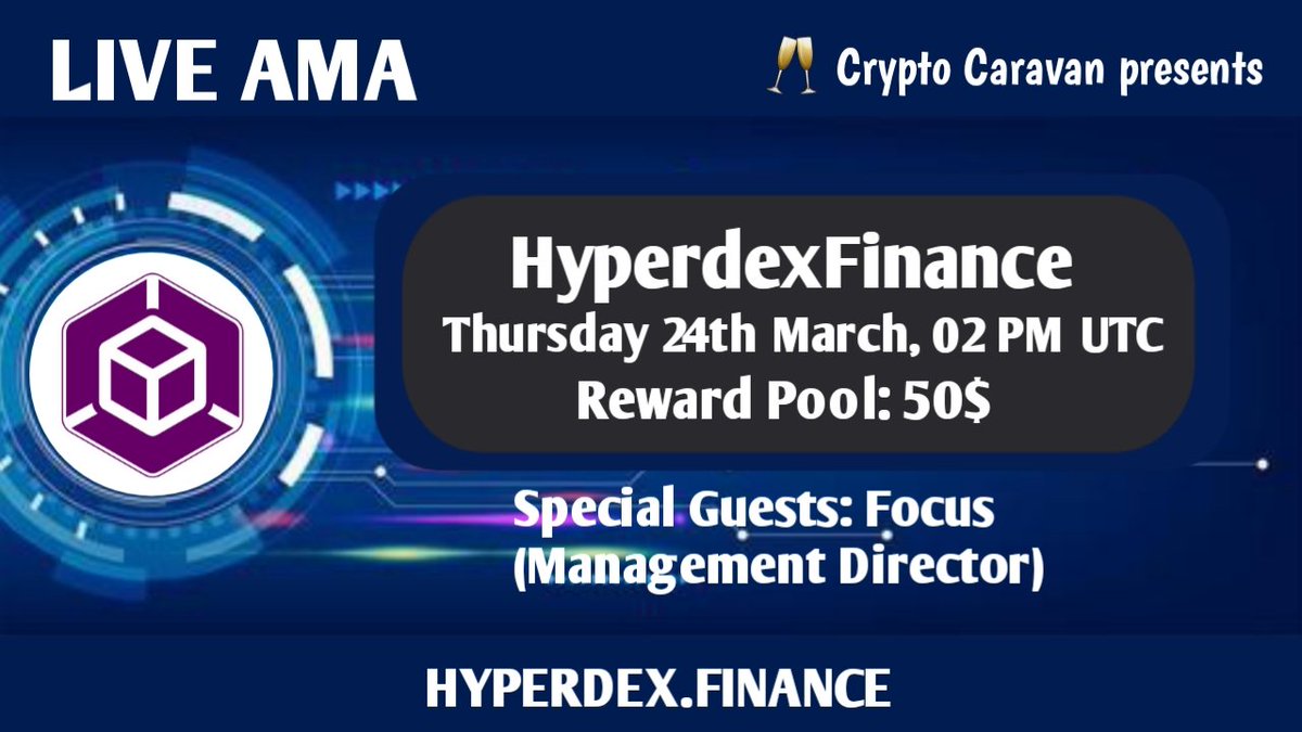 Crypto Caravan will host an AMA with Hyperdexfinance 24th March 2022 at 02:00 PM UTC

💰Rewards Pool : $50

Venue 🏠: t.me/Crypto_caravan

Rules:
1⃣ Follow <a href="/Crypto_Caravan/">Crypto Caravan</a> &amp; <a href="/HyperdexFinance/">HyperDex</a>
2⃣ Like &amp; Retweet
3⃣ Comment Questions &amp; Tag 3 Friends (max 3 questions)