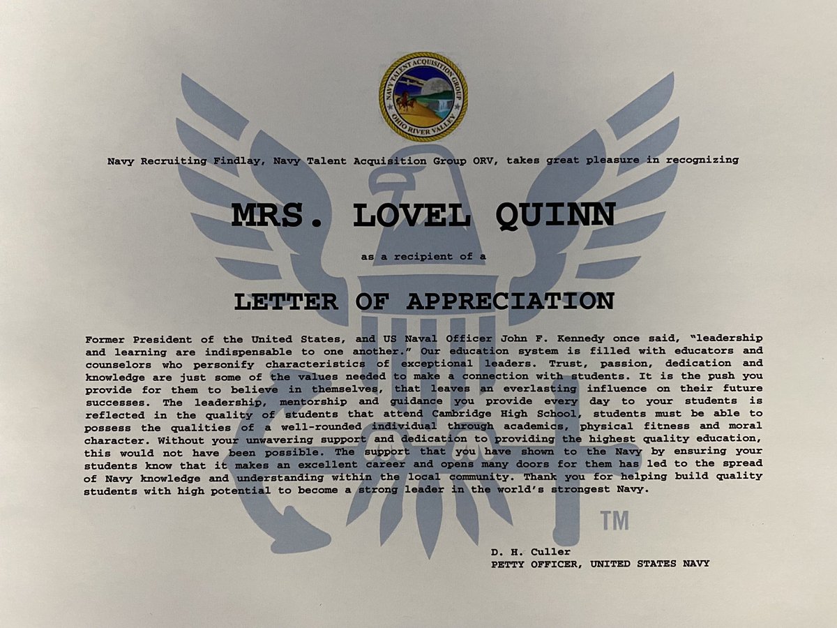 Bobcats_CHS's tweet photo. CHS Career Navigator, Mrs. Quinn, receives a letter of appreciation from the United States Navy.
#WeAreCambridge https://t.co/gGDQlF9XYe