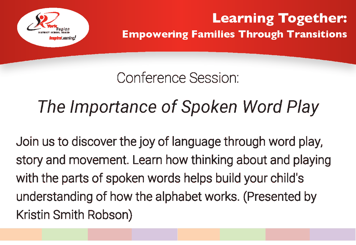 Is your child starting Kindergarten? You can learn about how playing with the parts of spoken words helps build your child’s understanding of how the alphabet works in this session at the Learning Together conference! www2.yrdsb.ca/learning-toget… 
#YRDSBKindergarten #YRDSBEarlyYears