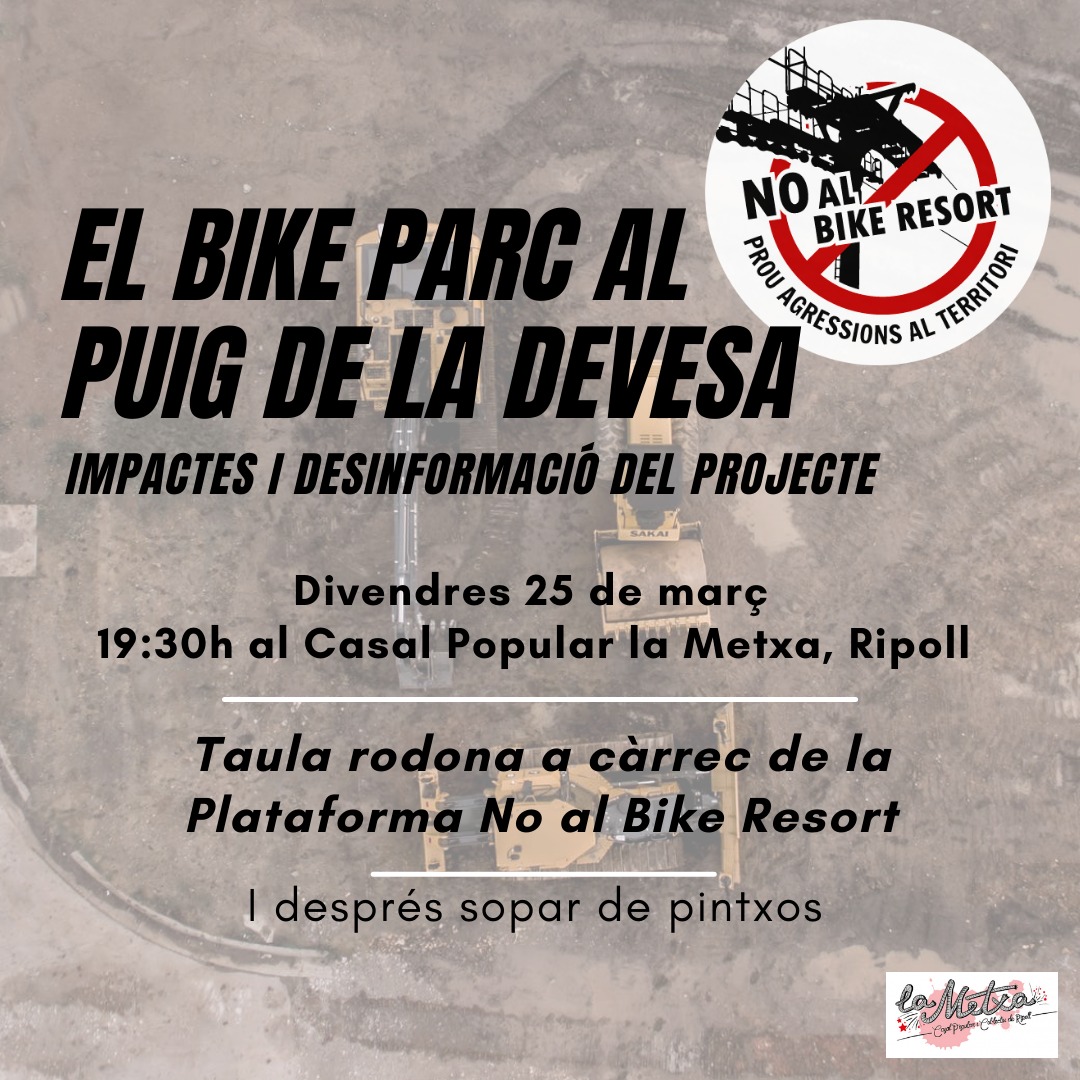 lametxaripoll's tweet photo. 📣📣 Aquest divendres, la Plataforma @No_BikeResort ens ofereix una taula rodona per explicar a la ciutadania l'agressió mediambiental dl macro projecte d'un Bike park al Puig de la Devesa (Ripoll-Campdevanol) i la manca d transparència dl govern local d Ripoll.

Us hi esperem! https://t.co/ZGINh8Kgm9
