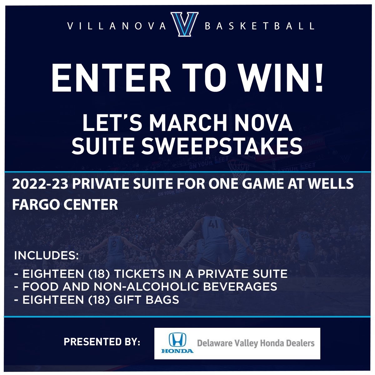 NovaMBB's tweet photo. Let’s March Nova! We are excited to partner with Delaware Valley Honda Dealers and give YOU a chance to win a private suite at a WFC game during the 2022-23 season for you and 18 of your closest friends! 

Enter to win: https://t.co/vjQaPDl1DF

Thank you, #DelValHonda! https://t.co/2vq9h1EScO