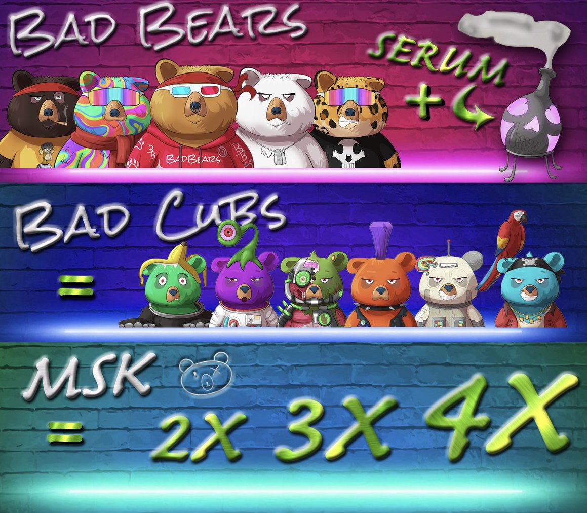 Bad Bear 🐻 + Serum 🧪 = Bad Cub 🧸
Bad Cub + Bad Bear = $MSK Multiplier

This Friday <a href="/badbearsmsk/">-</a> release the Bad Cub #NFTs &amp; then

This #NFTproject starts to get WILD 🤯

It you are serious about long term #NFT investing👇

👉 BadBears.io
👉 Discord.gg/badbears