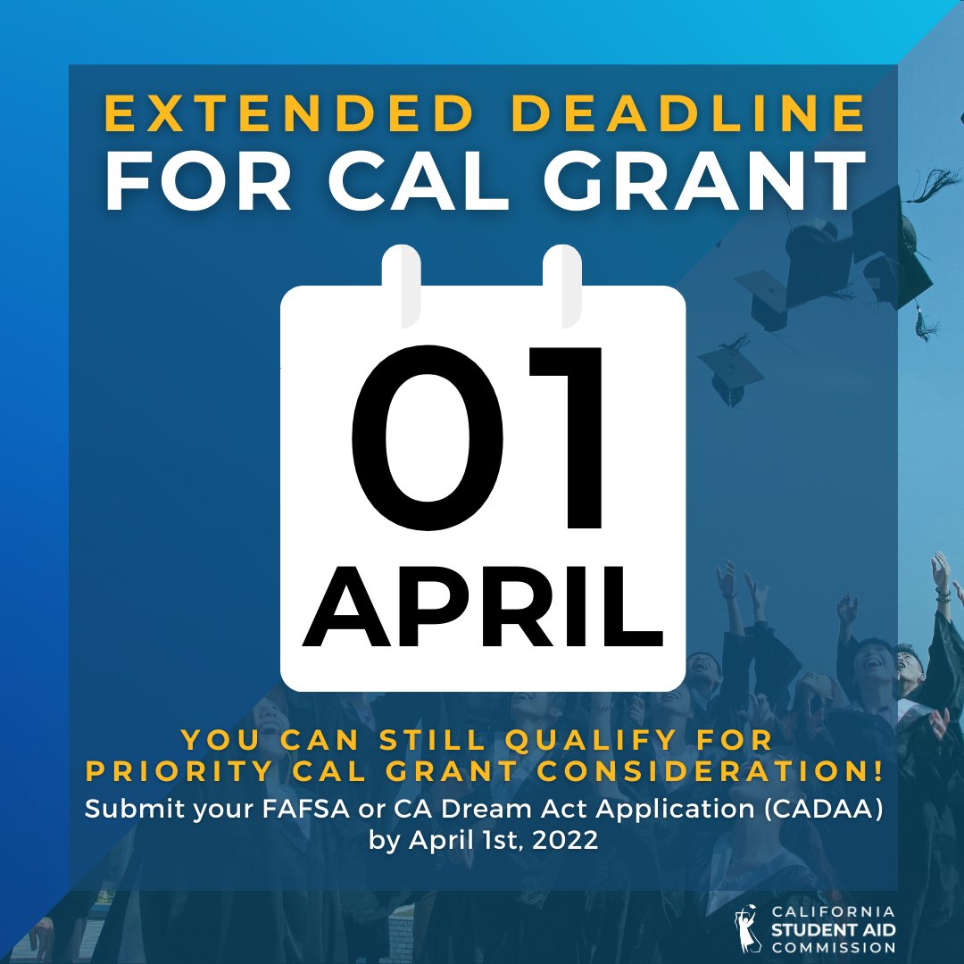 CADeptEd's tweet photo. The Cal Grant priority deadline has been extended to April 1! Complete your #FAFSA or CA Dream Act Application (#CADAA) today through the @castudentaid. #FinancialPaid
Apply here: https://t.co/Oa4E0hXfIl https://t.co/M0Myoplluj