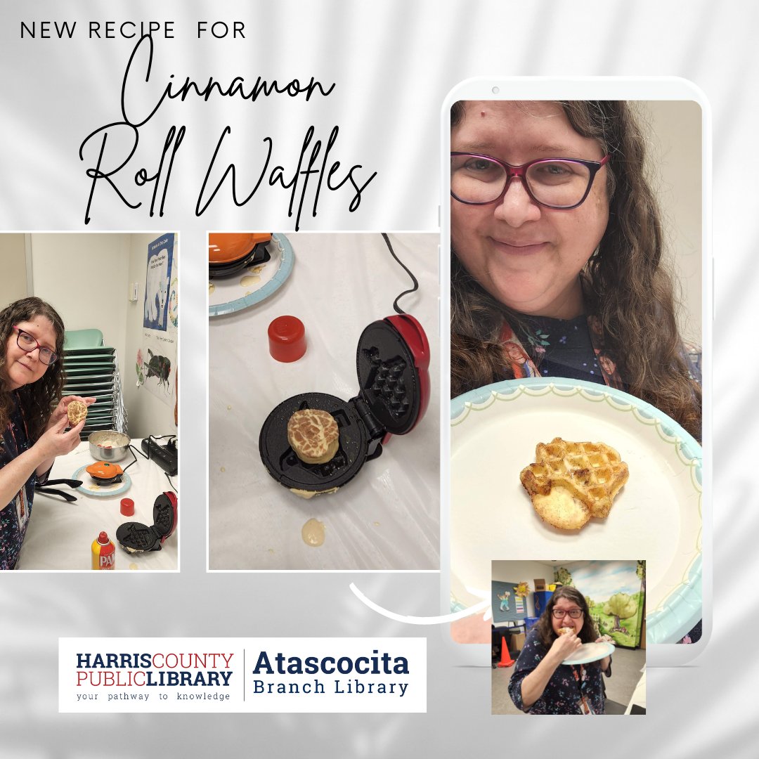 AtascocitaLib's tweet photo. At last week's Waffle Wednesday, teens tried their hand at making waffles and Miss Darla taught them how to make cinnamon roll waffles! Tomorrow, teens will be battling it out in Peep Wars at 4:30pm!  #hcplteen #waffles #harriscountypl #atascocitatx #atascocita #tslac #txla #food https://t.co/Jj58hjUZyP