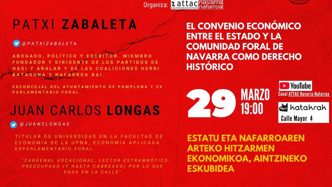 ATTACNavarra's tweet photo. ¡No te pierdas la 3ª y última sesión de nuestro VI Curso de economía para no economistas! Debate y nuevas perspectivas aseguradas. Intervienen: @patxizabaleta y @juanclongas. Por fin también presencial en: Sala del 3º piso @katakrak54
#attacespaña https://t.co/HH8dr4PemE