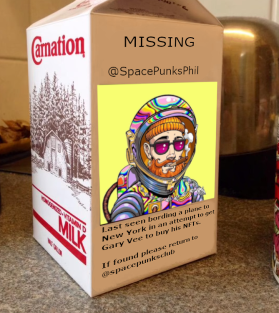 timmay_castags's tweet photo. 🚨🚨@SpacePunksPhil is MISSING🚨🚨

It is rumored @garyvee has taken him hostage!😲

Please help @SpacePunksClub find him! 👀 https://t.co/jzrA2JuadM