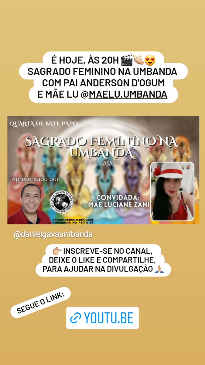 PaiDanielGava's tweet photo. Hojeee, Live com a Mãe Lu @luciane_veggie sobre Sagrado Feminino na Umbanda #live https://t.co/d741muat7j