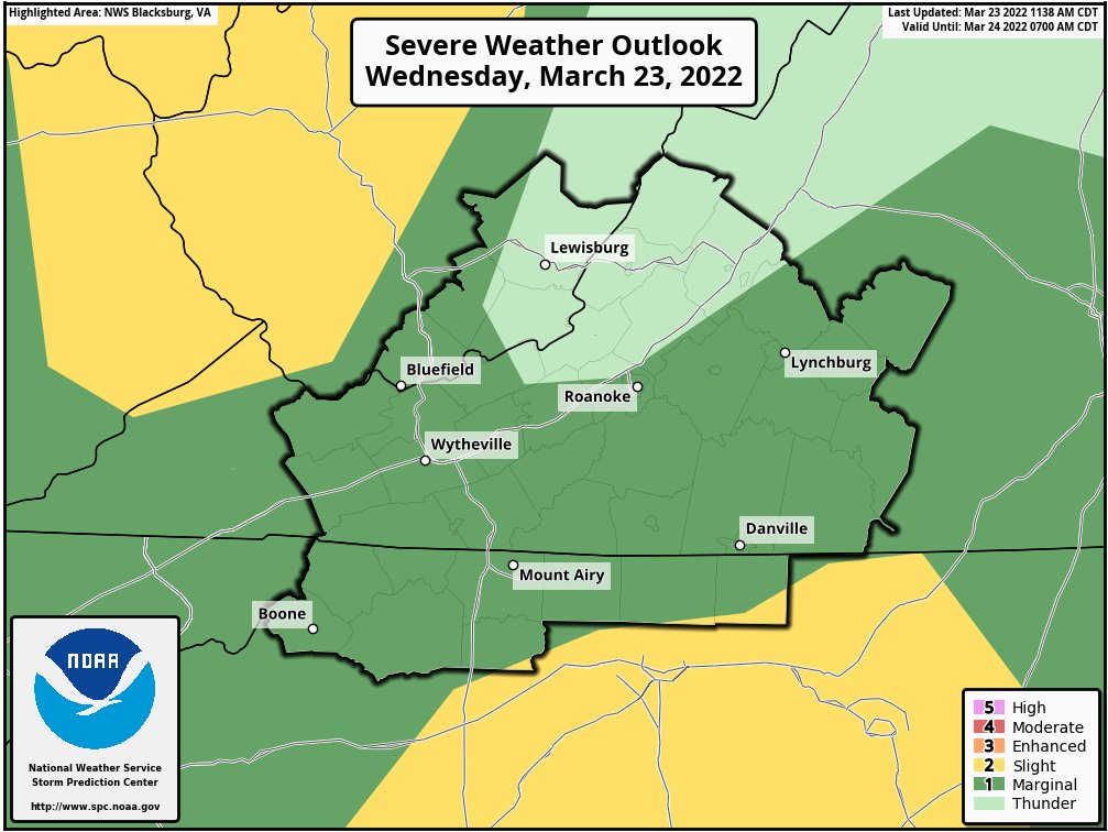 NWSBlacksburg's tweet photo. Update from the #StormPredictionCenter. The Slight Risk area (level 2/5) moved further south, the Marginal Risk (level 1/5) now covers most of our area. There is still potential for #hazardouswx today, stay tuned for more updates through the afternoon! #vawx #ncwx #wvwx #RNKwx https://t.co/XDh6CjdAB0