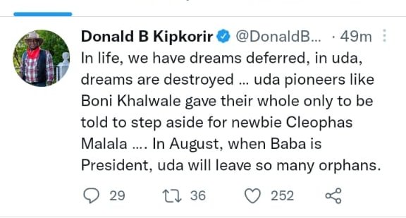 My fren don't involve us in your instability. You haven't built even a single community toilet in Cheptongei. You are only good at show off in big hotels, conning &amp; blackmailing govt officials and moving with old women. U r a total disgrace to our society. Wewe ni mtu bladifakin