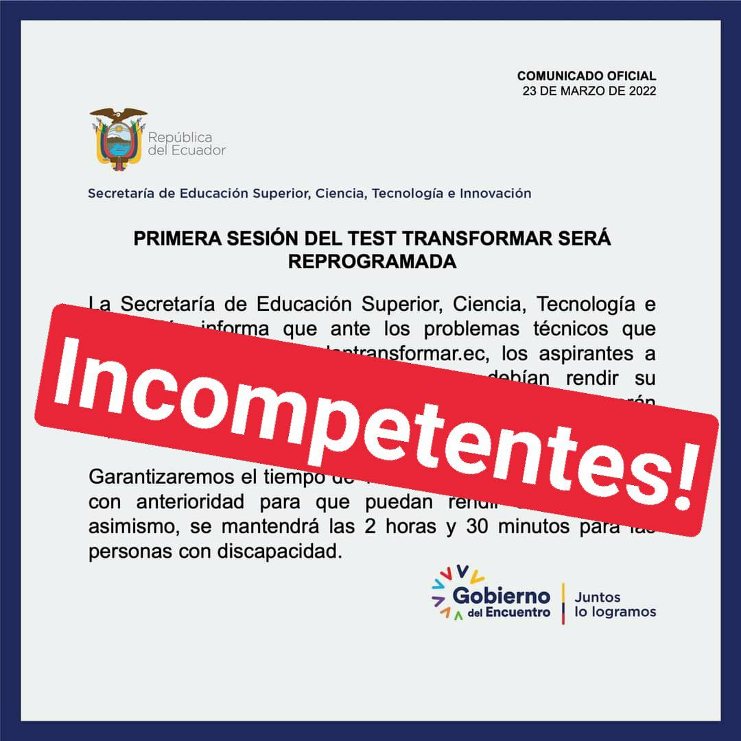 Los estudiantes exigimos una reprogramación no solo para la jornada de 8:00 am, sino de las 10:30 que estuvo igual con fallas! 
<a href="/Ed_Superior/">Educación Superior</a> <a href="/ARibadeneiraE/">Alejandro Ribadeneira</a> incompetentes! 
#Transformar