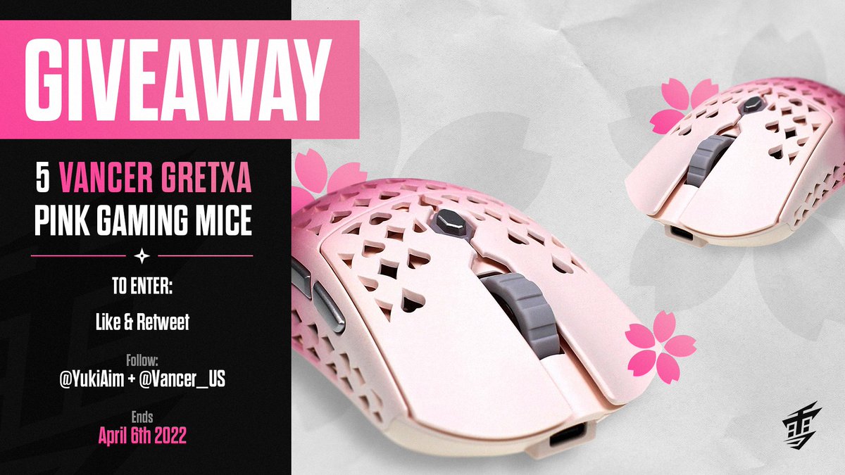 🌸 Yuki Aim x Vancer Giveaway. 🌸

🖱️ 5x Vancer Gretxa Wireless Pink Mouse.

To enter:
1⃣ Follow <a href="/YukiAim/">Yuki Aim</a> + <a href="/Vancer_US/">AKITSU</a>.
2⃣ Like this tweet.
3⃣ Retweet this tweet.

🏆 5 Winners.
📅 Ends April 6th 2022.