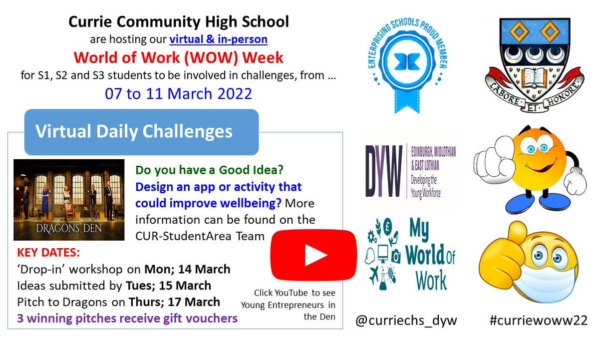 Tomorrow is an exciting day, as part of #curriewoww22, as we welcome our Dragons into the Currie Den to listen to our Young Entrepreneurs pitch their ideas. Bring it on ... #youngworkforce #skills #enterprise #entreprenurial <a href="/ESskills/">EdScotSkills3-18</a> <a href="/ScotEntSchools/">Scotland's Enterprising Schools</a> <a href="/YE_Scotland/">Young Enterprise Scotland</a>