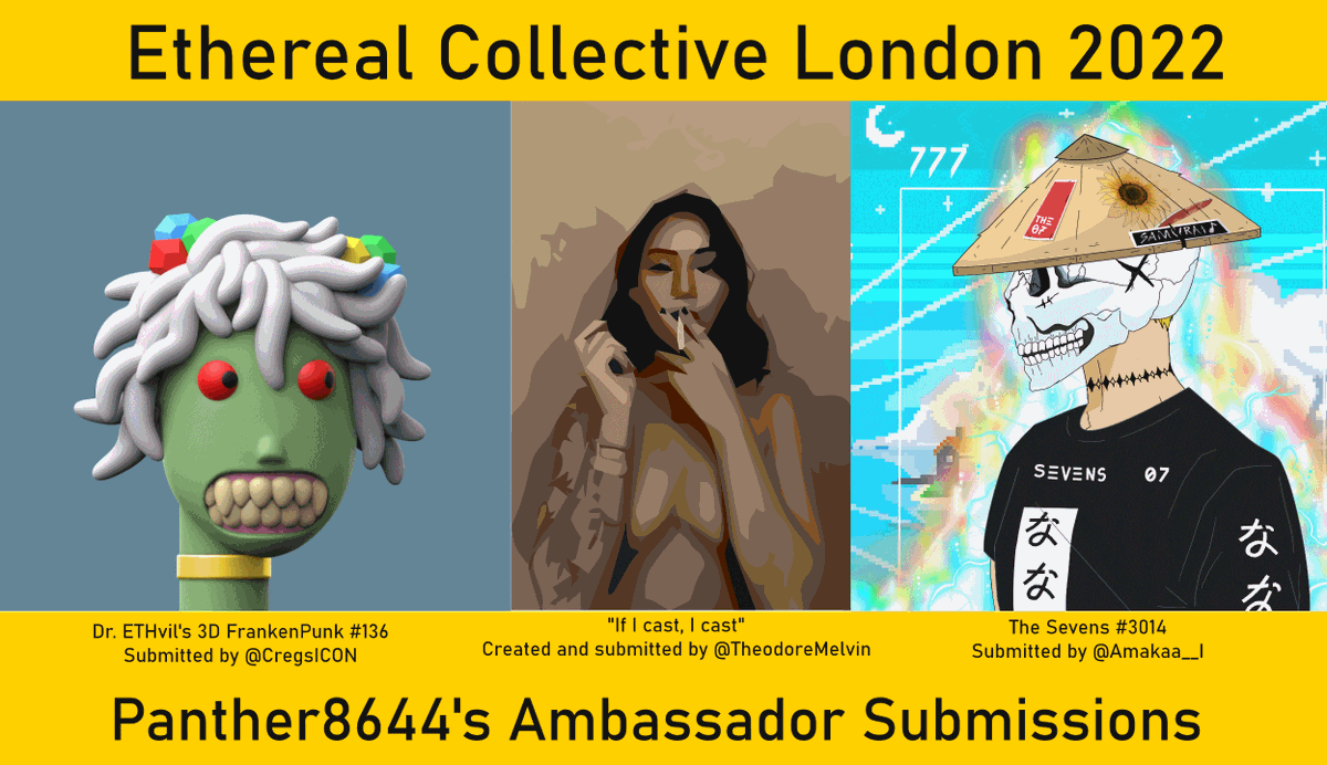 SafineiaCrypto's tweet photo. Thanks to all who reached out to be displayed at the @etherealcnft event in London! I have submitted the pieces! Hope you like what I've picked and can't wait to see what everyone else is showing :) shoutout to @CregsICON @TheodoreMelvin and @Amakaa__I ❤️ https://t.co/4EMzJjrYMs