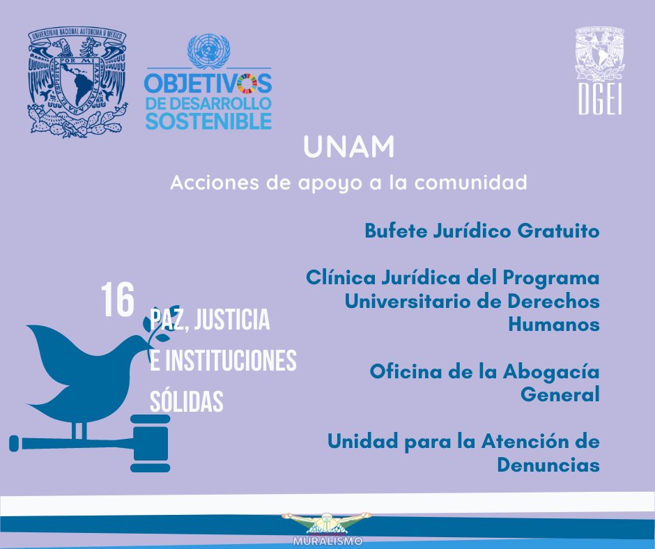 DGEI__UNAM's tweet photo. 🔷Con relación a la Paz, Justicia e Instituciones Sólidas #ODS16, la #UNAM impulsa diversas acciones de apoyo a la comunidad. Te compartimos algunas coordinadas por @DerechoUNAMmx, @PUDHUNAM y #OficinadelaAbogacíaGeneral.

➡️ https://t.co/8rfXLLSjTf

 #UNAMvocaciónsocial #DGEI https://t.co/Xs32n5F7hO