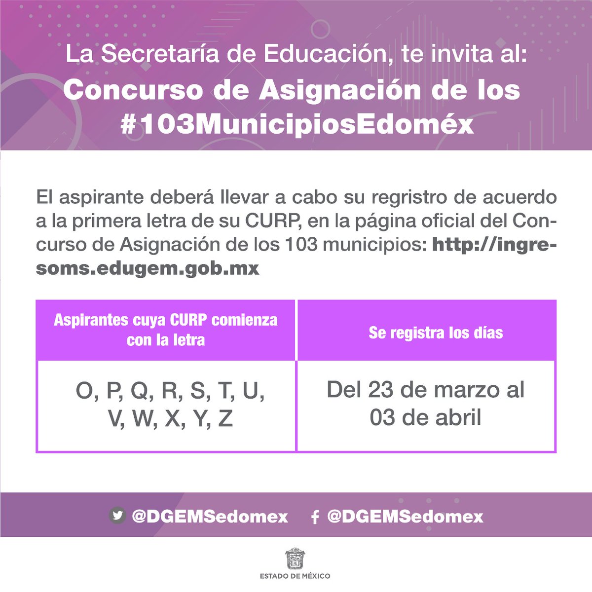 5Zumpango's tweet photo. Aspirante del #Edoméx, si tu CURP inicia con las letras O, P, Q, R, S, T, U, V, W, X, Y o Z; ya puedes realizar tu registro al Concurso de Asignación a la Educación Media Superior de los #103Municipios. 🔍Consulta https://t.co/y3VJmEQIFe para mas información.
#QueNoSeTePase #EMS https://t.co/njWCU3GuLC