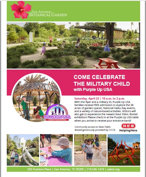PurpleUpUSA's tweet photo. Please share this out!  What a great community event!  Enjoy the Botanical Gardens with all its beauty and special events and Celebrate the Military Child all at once!  Join us! April 23. @purpleupusa #Celebratethemilitarychild  #purpleupusa https://t.co/o4TqDHUgUn