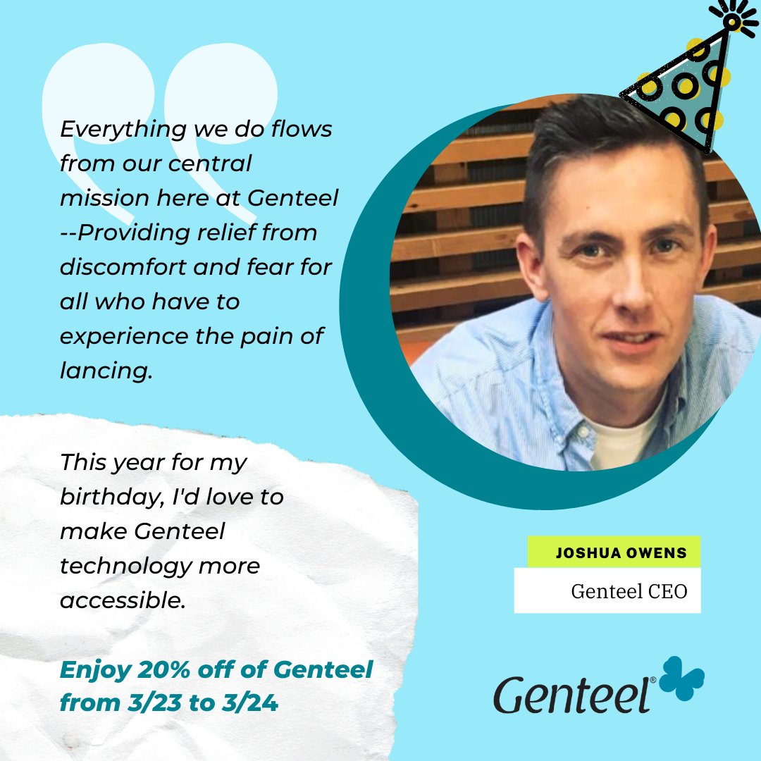 MyGenteel's tweet image. Happy Birthday to our CEO! Celebrate with 20% OFF Genteel lancing devices, today and tomorrow only! #sale #diabetes #bloodsugartesting #insulin #healthcare