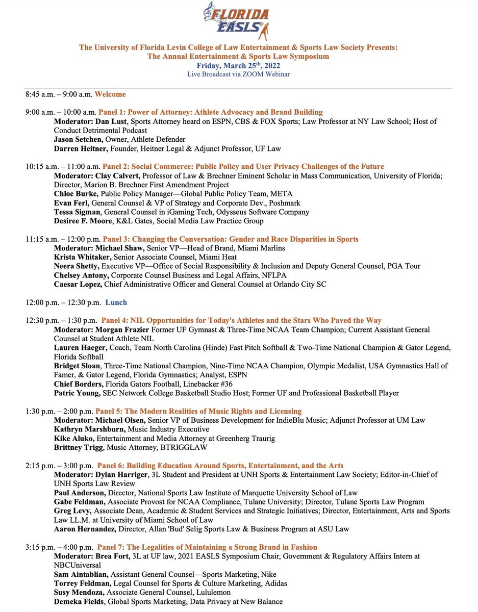 T-Minus TWO days until this lineup!🔥 <a href="/SportsLawLust/">Dan Lust, Esq. 🎙</a> <a href="/heitner/"></a> <a href="/AthleteDefender/">Jason Setchen</a> <a href="/ProfClayCalvert/">Clay Calvert</a> <a href="/PatricYoung4/">Patric Young</a> @smorganfrazier <a href="/lhaeger17/">Lauren Haeger</a> <a href="/bridgetsloan/">Bridget Sloan</a> <a href="/ChiefBorders/">C H I E F👣</a> <a href="/dylan_harriger/">Dylan Harriger</a> <a href="/SportsLawGuy/">Gabe Feldman</a> <a href="/QuanHernandez/">Aaron Hernandez</a> @BreaFort_