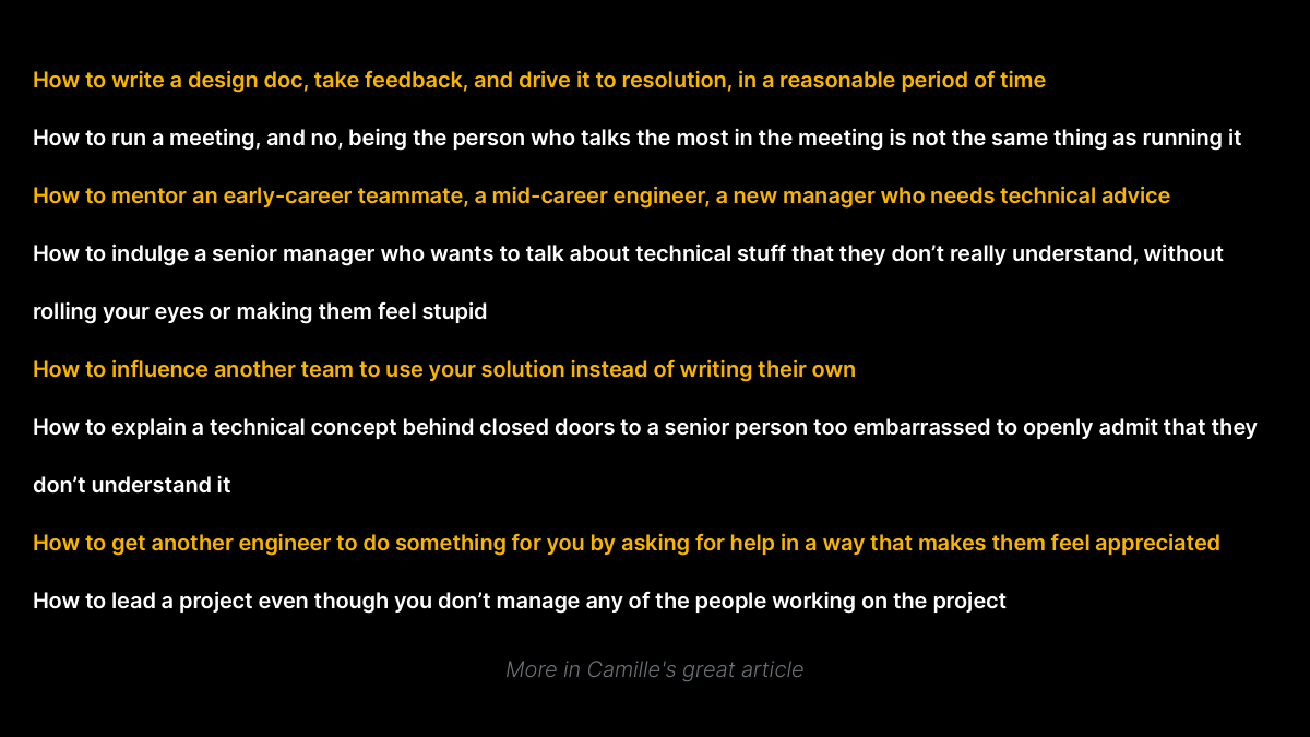 A good list of skills senior engineers need, beyond coding by <a href="/skamille/">Camille Fournier</a>: bit.ly/srenglist