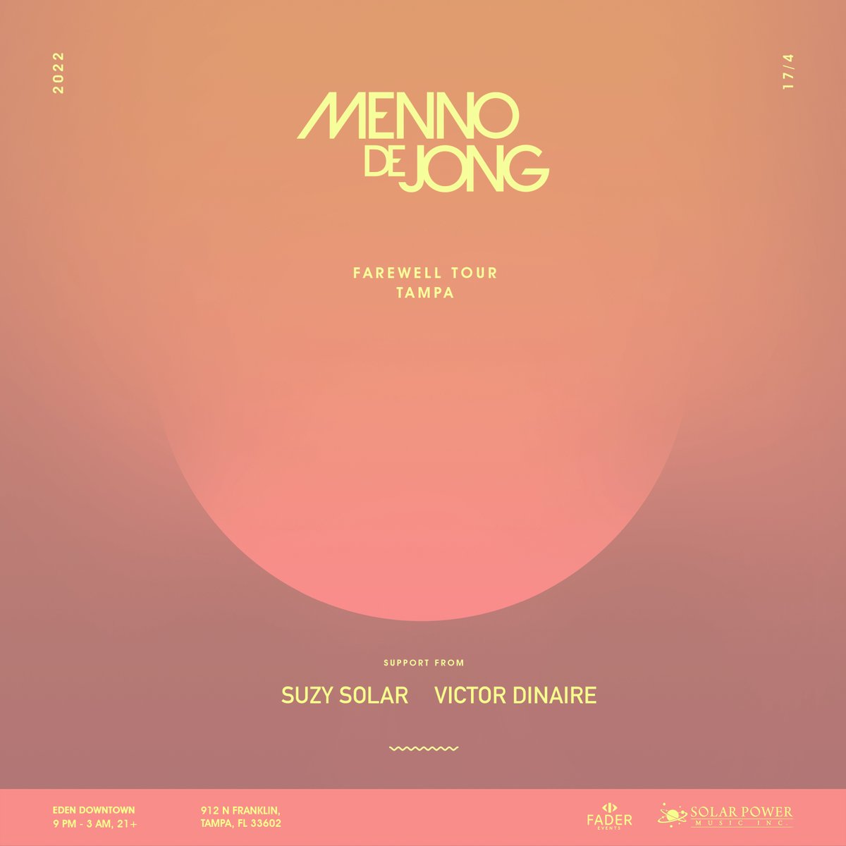 DjSuzySolar's tweet photo. My company Solar Power Music has teamed up w/ @fader_events to host Menno de Jong (Farewell Tour) on April 17 @ Eden, Tampa! @victordinaire and I will be the support. Don't miss this! VIP Tables: (813) 459-8565

Event page: https://t.co/U5PL5xuDZd
Tix: https://t.co/ShcS2wF7Pf https://t.co/A6ctLuwAOz
